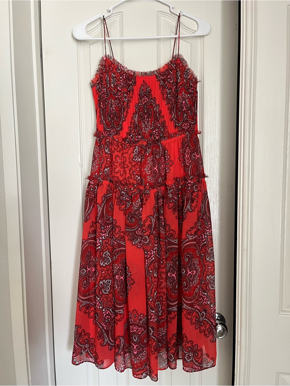 Red Paisley Tiered Spaghetti-Strap Dress